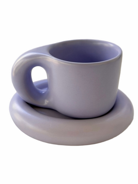 Chubby Ceramic Mug and Saucer Lavender Purple Kitsch Fun Novlety Set NWOT